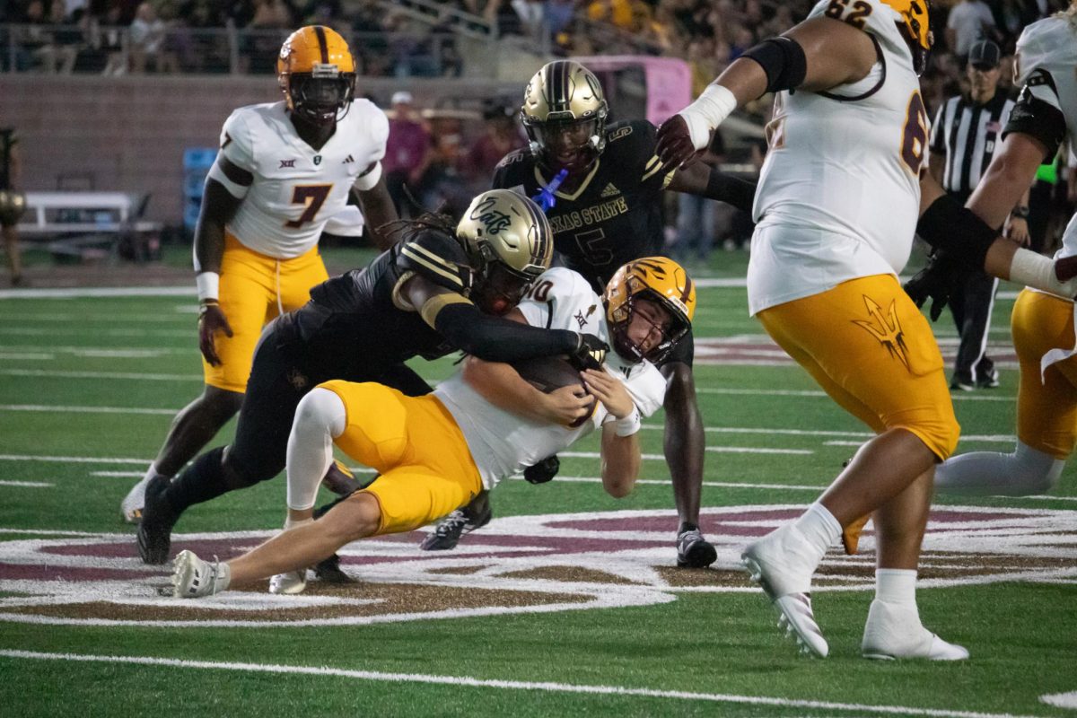 Arizona State quarterback Sam Leavitt is sacked by the Texas State defense, Thursday, Sept. 12, 2024, at Jim Wacker Field at UFCU Stadium.