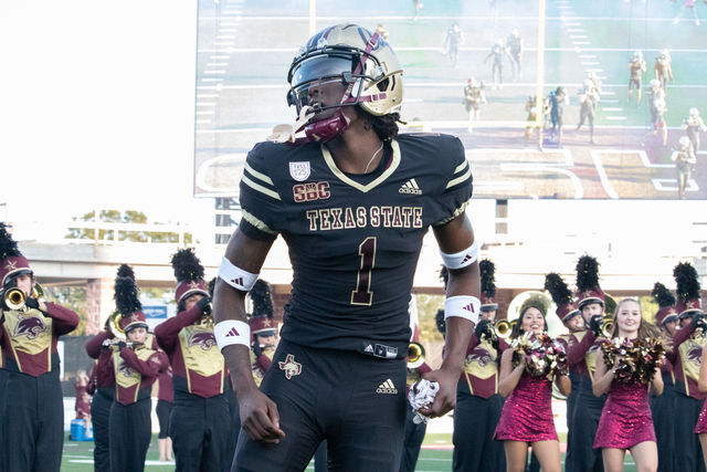 Texas State redshirt junior cornerback Josh Eaton (1) makes his entrance to the field before the game Arizona State,Thursday, Sept. 12, 2024, at Jim Wacker Field at UFCU Stadium.