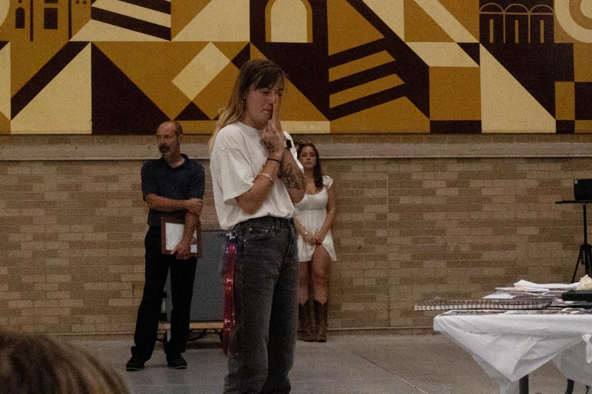 Elise Dalton, Texas State senior Ethan Dalton’s sister, gives a speech during her brother’s memorial service Thursday, Sept. 5, 2024, outside LBJ Student Center. 