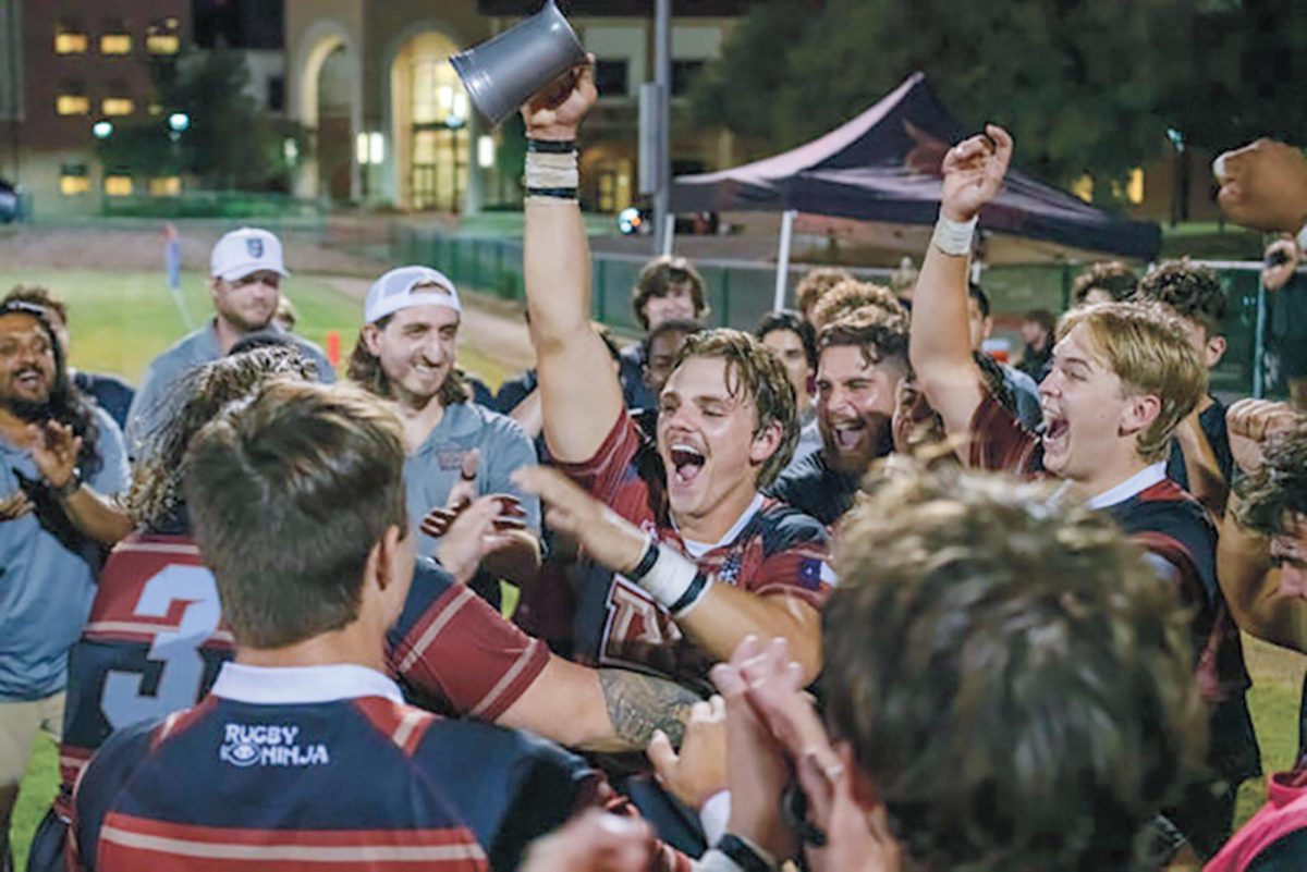 Texas State rugby member Cole Douglass celebrates victory over UTSA with his team, Friday, Sept. 27, 2024, at the West Campus Soccer Fields