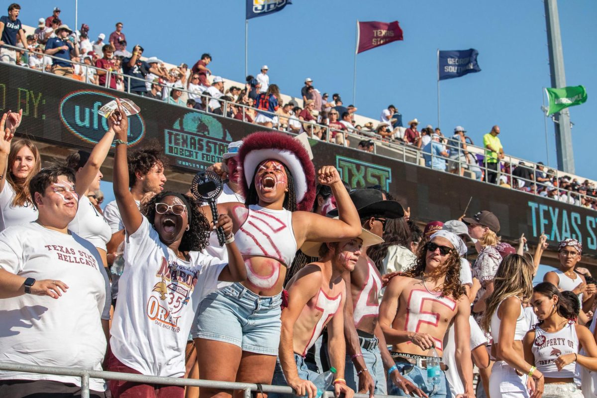 Texas State student cheer during the game against UTSA. Saturday, Sept. 7, 2024 at Jim Wacker Field at UFCU Stadium.