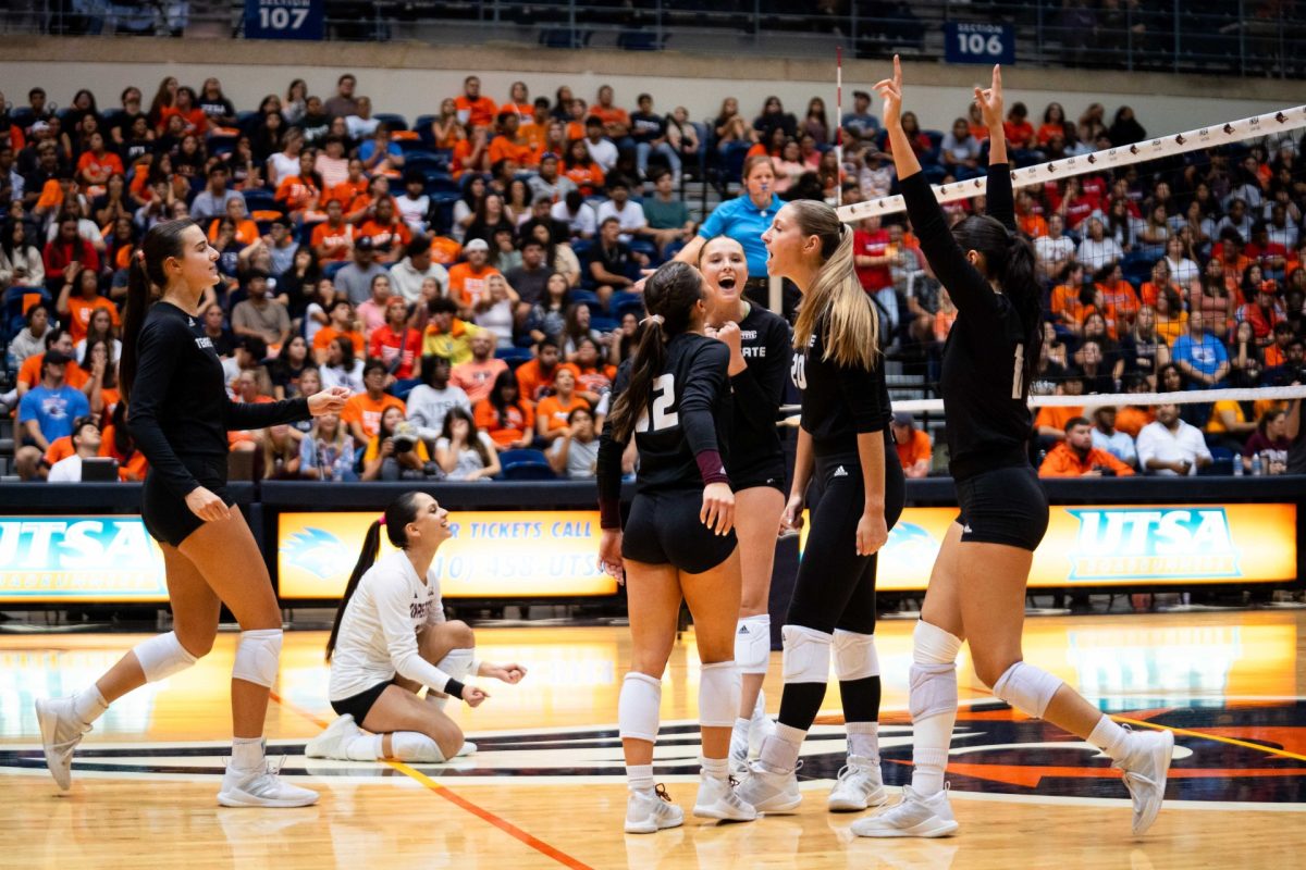 The Texas State volleyball team celebrates a point during the match against UTSA, Wednesday, Sept. 4, 2024, at the Convocation Center in San Antonio. 