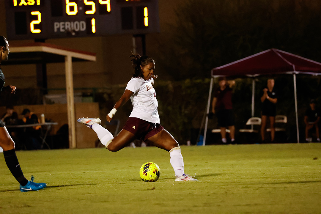 Texas State sophomore midfielder Victoria Meza (4) passes the ball down field to a teammate during the game against Marshall, Thursday, Sept. 26, 2024, at Bobcat Soccer Complex.