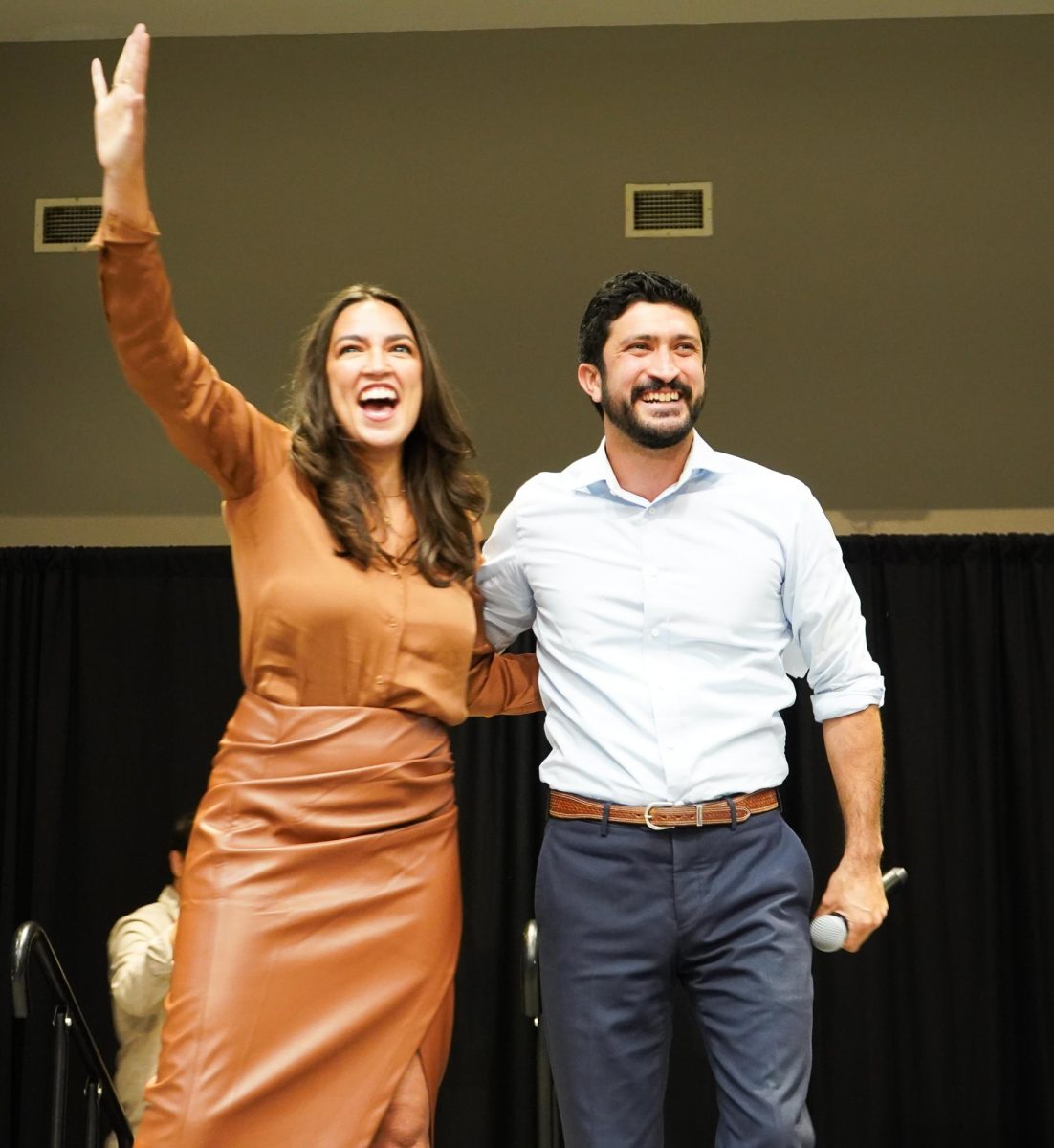  U.S. Representative Greg Casar (Right) introduces U.S. Representative Alexandria Ocasio-Cortez (Left), Tuesday, Oct. 1, 2024, at the LBJ Ballroom. Casar and Ocasio-Cortez were in San Marcos for the "Our Fight Our Future" rally to convince students to register to vote.