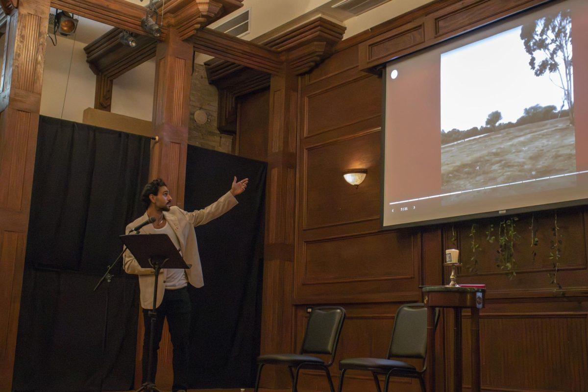 Sagi Gabay, survivor of the Hamas attack on the Nova Music Festival, speaks at the October 7th memorial held by Chabad Texas State University, Chabad San Marcos and Faces of October Seventh, Monday, Oct. 14, 2024, at the Price Center and Garden.