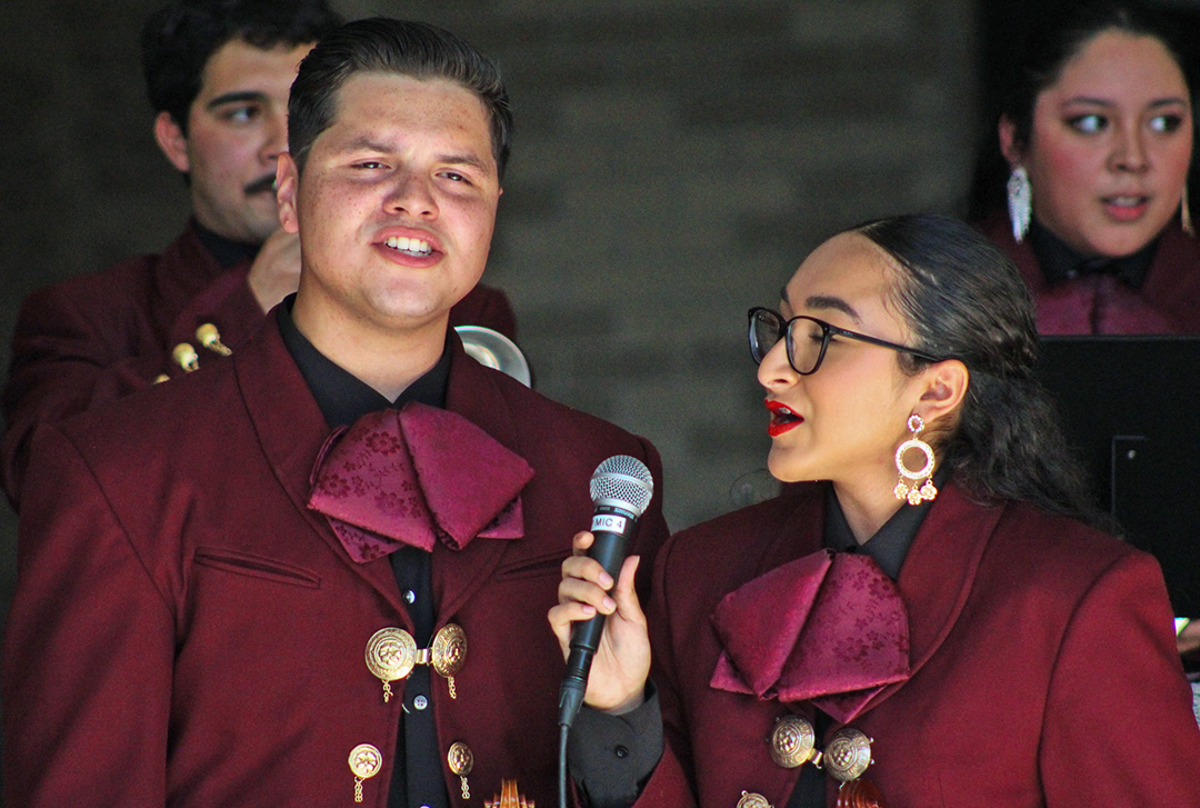 Music studies junior Nik Lara and Jacqueline Gonzalez sing a duet in celebration of Hispanic Heritage Month, Tuesday, Oct. 15, 2024, at the LBJ Amphitheater.