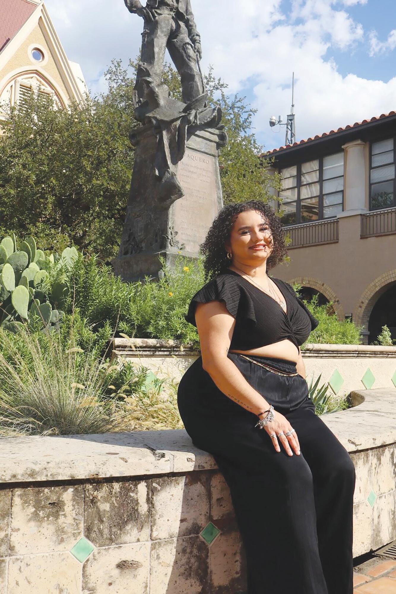 Marketing sophomore Lysha Pineda
poses in front of the Vaquero Statue, Thursday, Oct. 3, 2024, in front of Old Main.