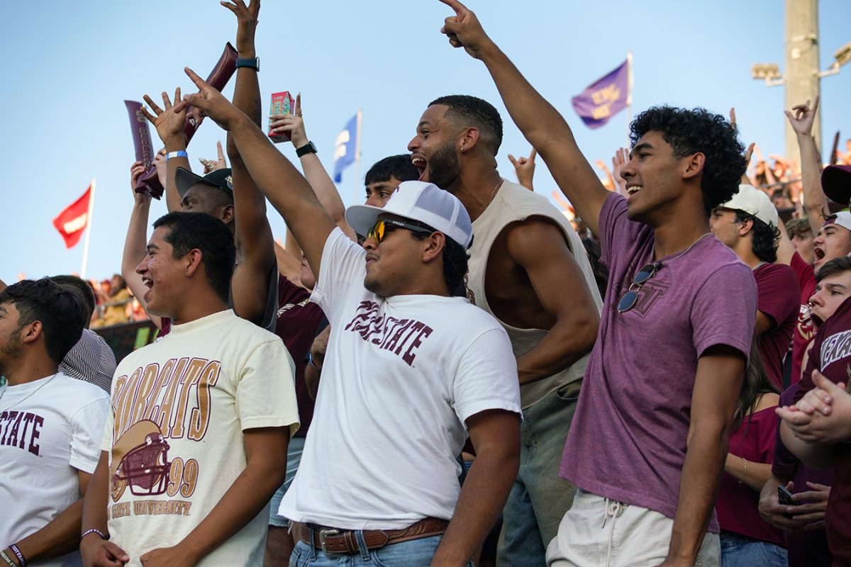 Students cheer on the Texas State football squad from the student section during the game versus Arkansas State, Saturday, Oct. 12, 2024, at UFCU Stadium. UFCU Stadium welcomed a sold-out crowd in attendance for the family weekend game and tailgate during the Bobcats’ 41-9 victory.