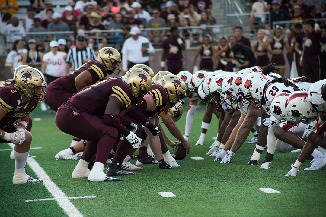 The Texas State football team lines up against Arkansas State during the game, Saturday, Oct. 12, 2024, at Jim Wacker Field at UFCU Stadium.