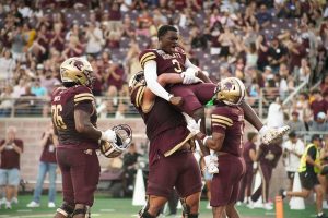 Texas State redshirt senior quarterback Jordan McCloud (3) celebrates with his team in the end zone after a rushing touchdown during the game versus Arkansas State, Saturday, Oct. 12, 2024, at Jim Wacker Field at UFCU Stadium.