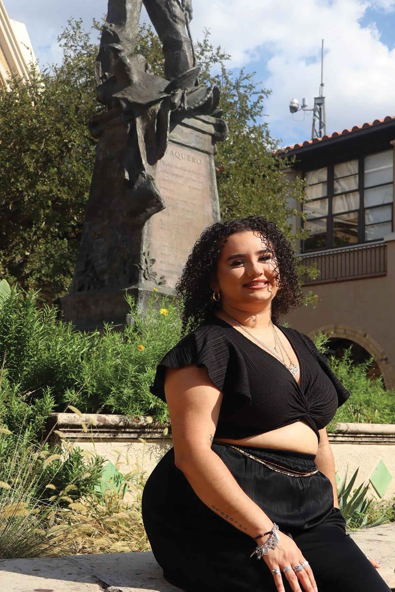 Marketing sophomore Lysha Pineda
poses in front of the Vaquero Statue, Thursday, Oct. 3, 2024, in front of Old Main.