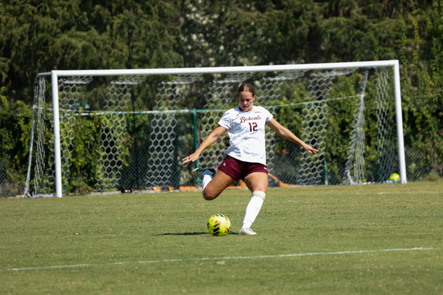 Texas State defender senior Kennley Bradley (12) kicks the ball down field during the game against University of Louisiana-Monroe, Sunday, Oct. 13, 2024 at Bobcat Soccer Complex.