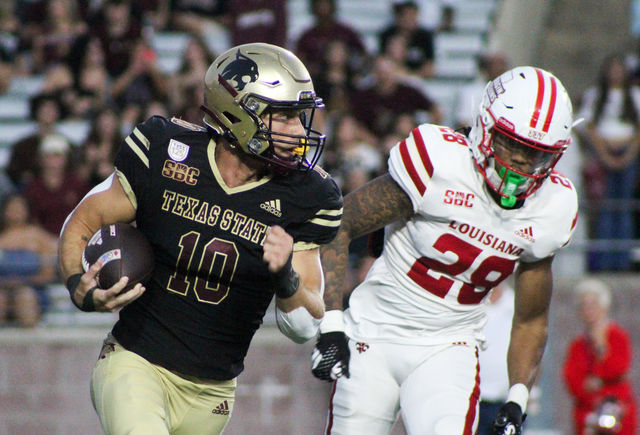 Texas State senior wide receiver Joey Hobert (10) runs with football during the game against Louisiana-Lafayette, Tuesday, Oct. 29, at Jim Wacker Field at UFCU Stadium.