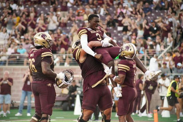 Texas State redshirt senior quarterback Jordan McCloud (3) celebrates with his team in the end zone after a rushing touchdown during the game versus Arkansas State, Saturday, Oct. 12, 2024, at Jim Wacker Field at UFCU Stadium.