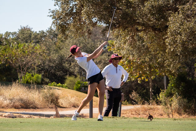 Texas State freshman Allie Justiz drives the ball at hole 18 during the Jim West Challenge at the Kissing Tree Golf Club in San Marcos, Sunday, Oct. 20, 2024. 