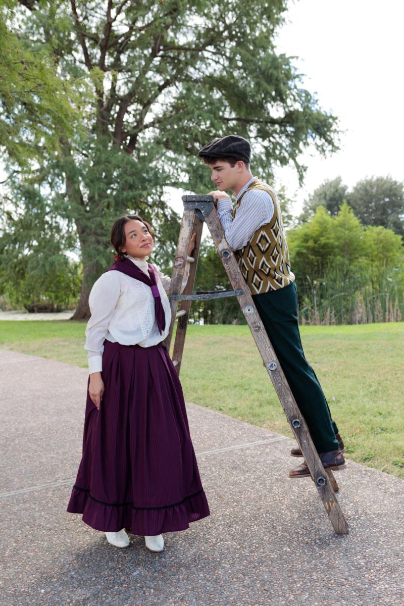 Theatre junior Illiana Perez (Left) plays Emily Webb alongside theatre junior Nicholas May (Right), playing as George Gibbs, Wednesday, Sept. 18, 2024, outside the Theatre Building. Photo courtesy of Lauren Jurgemeyer.