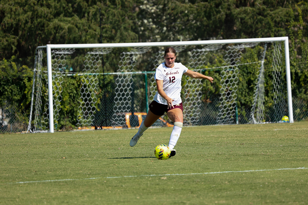 Texas State defender senior Kennley Bradley (12) kicks the ball down field during the game against University of Louisiana-Monroe, Sunday, Oct. 13, 2024 at Bobcat Soccer Complex.