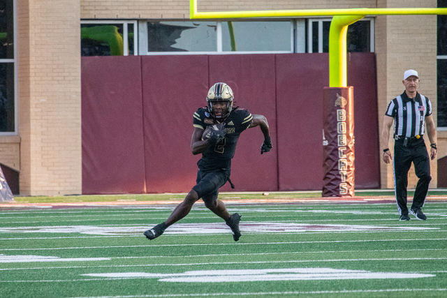 Texas State junior wide receiver Kole Wilson (2) runs with the ball during the game with Arizona State,Thursday, Sept. 12, 2024, at Jim Wacker Field at UFCU Stadium.