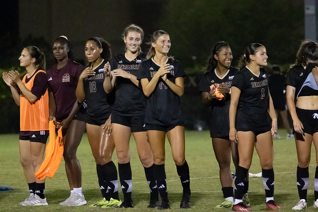 The Texas State soccer team celebrate its win against Incarnate Word, Sunday, Aug. 25, 2024, at Bobcat Soccer Complex.