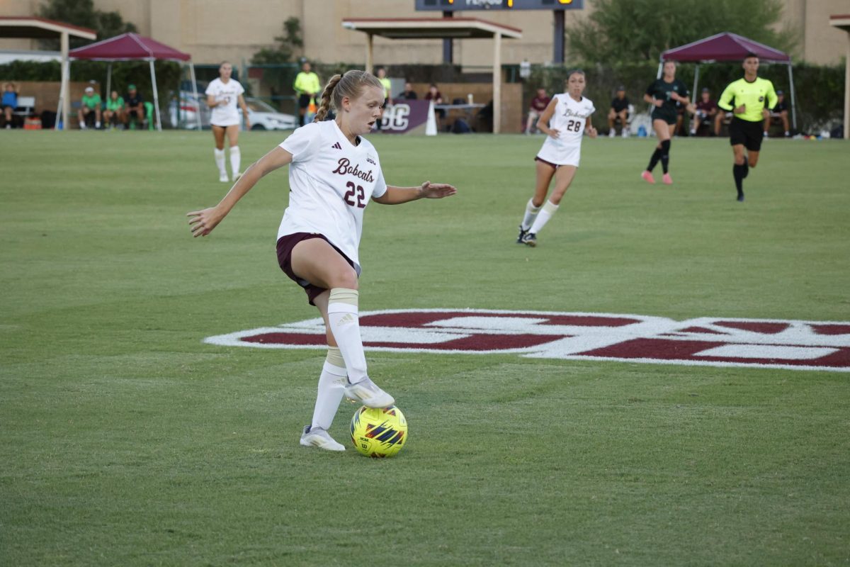 Texas State sophomore midfielder Kaylie Smith (22) receives a pass from a teammate during the game against Marshall, Thursday, Sept. 26, 2024, at Bobcat Soccer Complex.