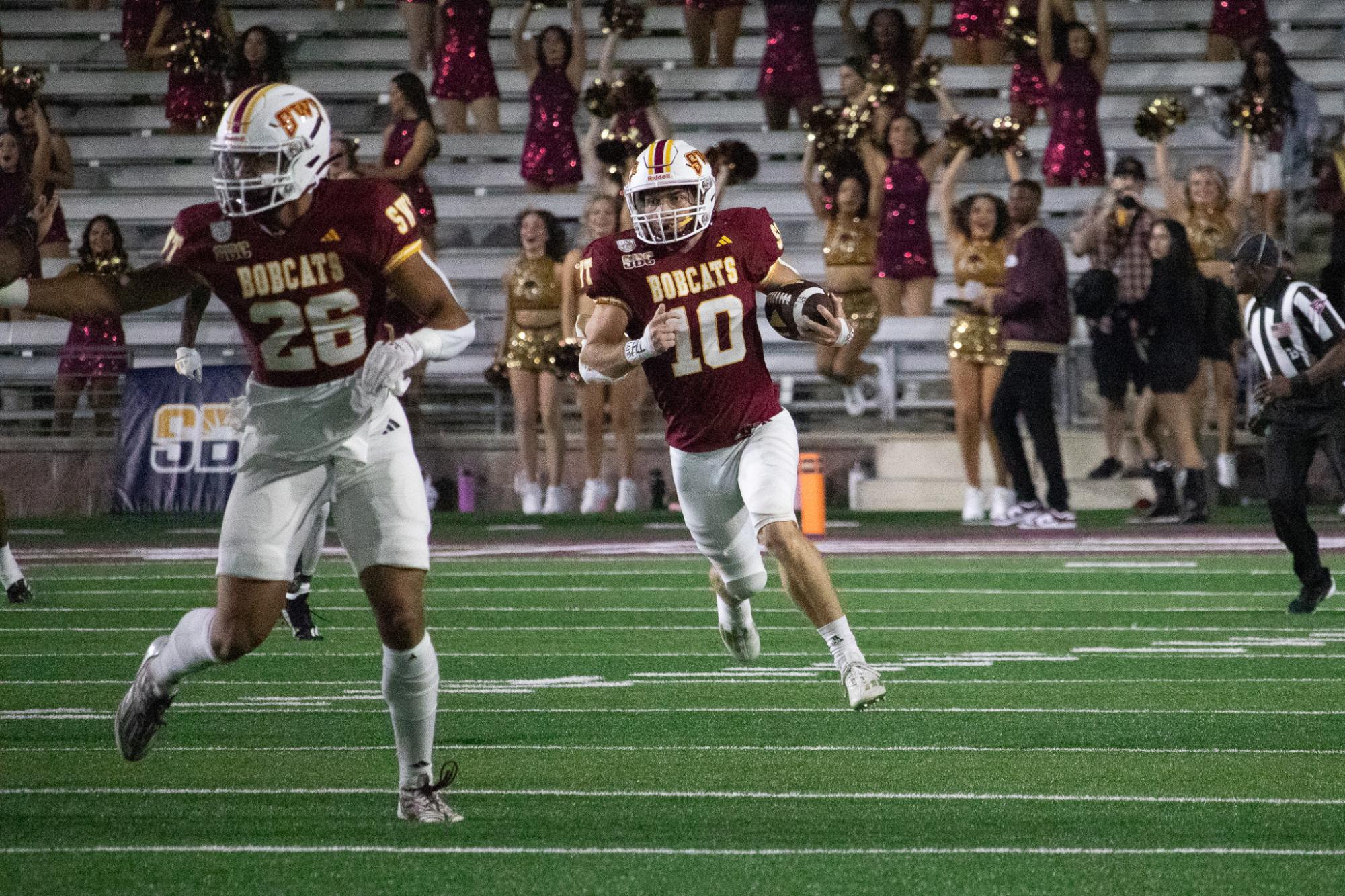 Texas State senior wide receiver Joey Hobert (10) runs the ball down the field and past the Golden Eagles defense. Saturday, Nov. 17, 2024 at UFCU Stadium.