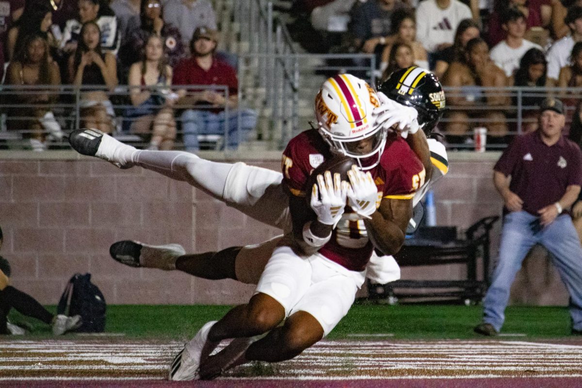 Texas State senior wide receiver Jaden Williams (0) scores a touchdown against the Golden Eagles. Saturday, Nov. 17, 2024 at UFCU Stadium.