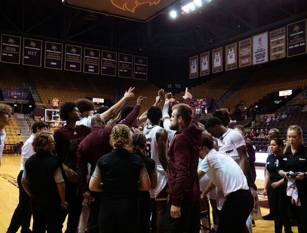 The Texas State basketball team regroups during a timeout against Eastern Michigan on Monday, Nov. 4, 2024, at Strahan Arena.