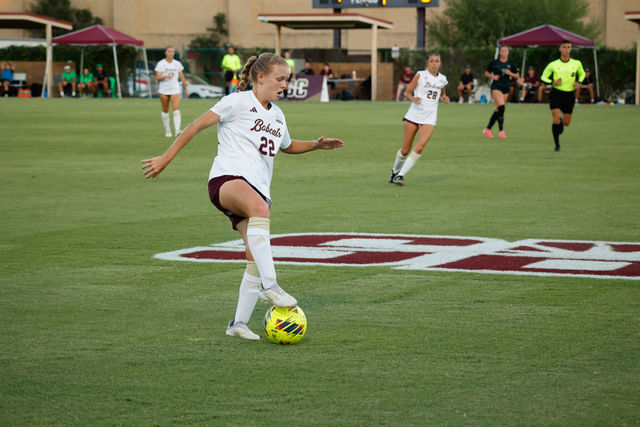 Texas State sophomore midfielder Kaylie Smith (22) receives a pass from a teammate during the match against Marshall, Thursday, Sept. 26, 2024, at Bobcat Soccer Complex.