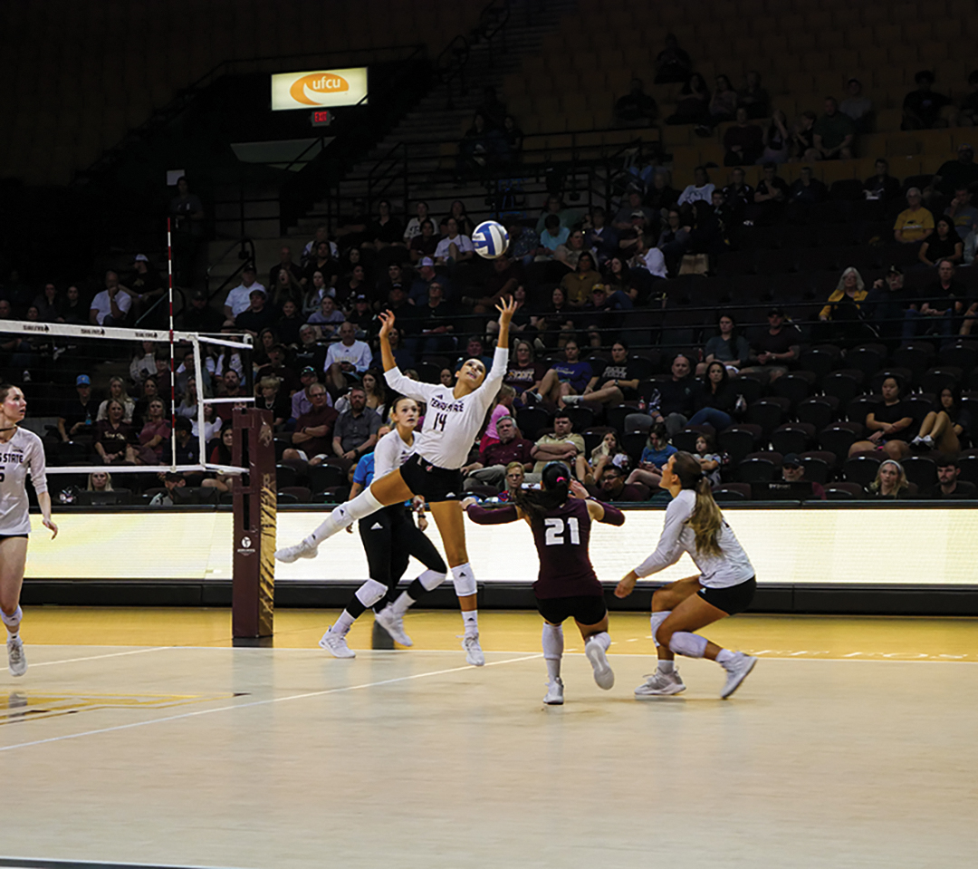 Texas State 5th year setter Ryann Torres (14) attempts to save the ball against Southern Miss Saturday, Nov. 2, 2024, at Strahan Arena. 