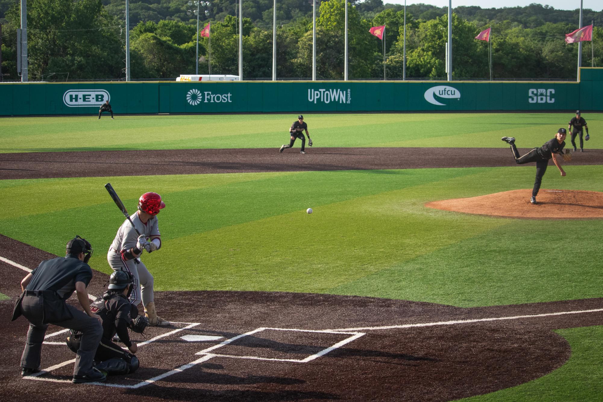 Texas State senior pitcher Cameron Bush (3) pitches the ball against Troy. Friday, May 10th, 2024 at Bobcat Ballpark.