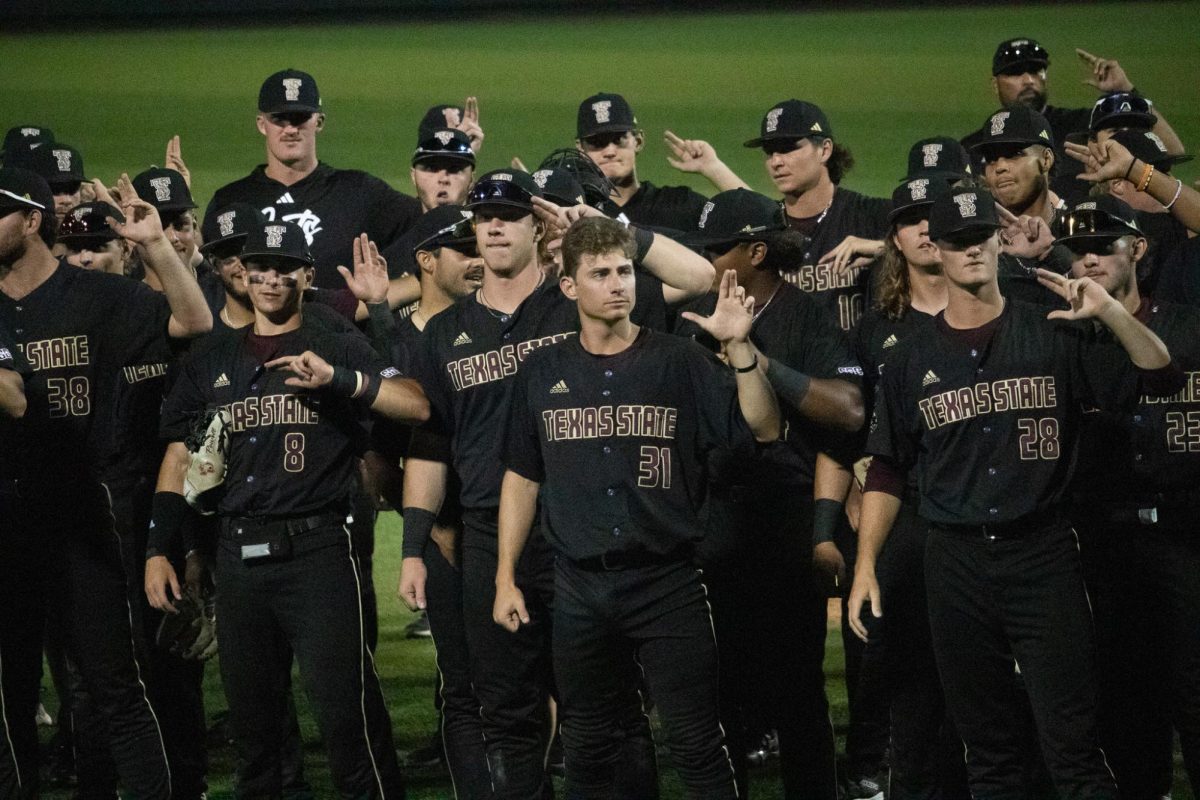 Texas State freshman designated hitter Ryan Farber (31) preforms the alma matter with his team after beating Troy. Friday, May 10th, 2024 at Bobcat Ballpark.