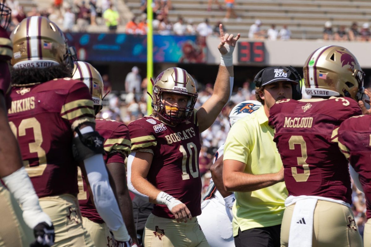 Texas State senior wide receiver Joey Hobert (10) celebrates during the game against UTSA. Saturday, Sept. 7, 2024 at Jim Wacker Field at UFCU Stadium.