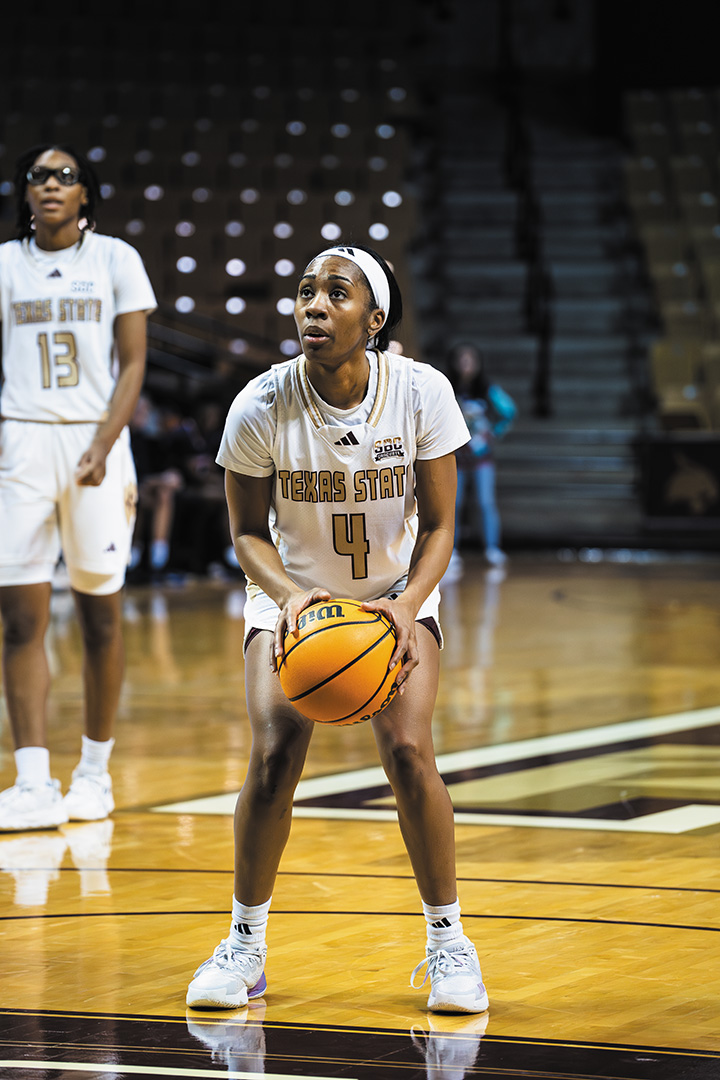 Texas State graduate student guard Sierra Dickson (4) shoots a free throw during the game against UTSA, Saturday, Dec. 21, 2024 at Strahan Arena.