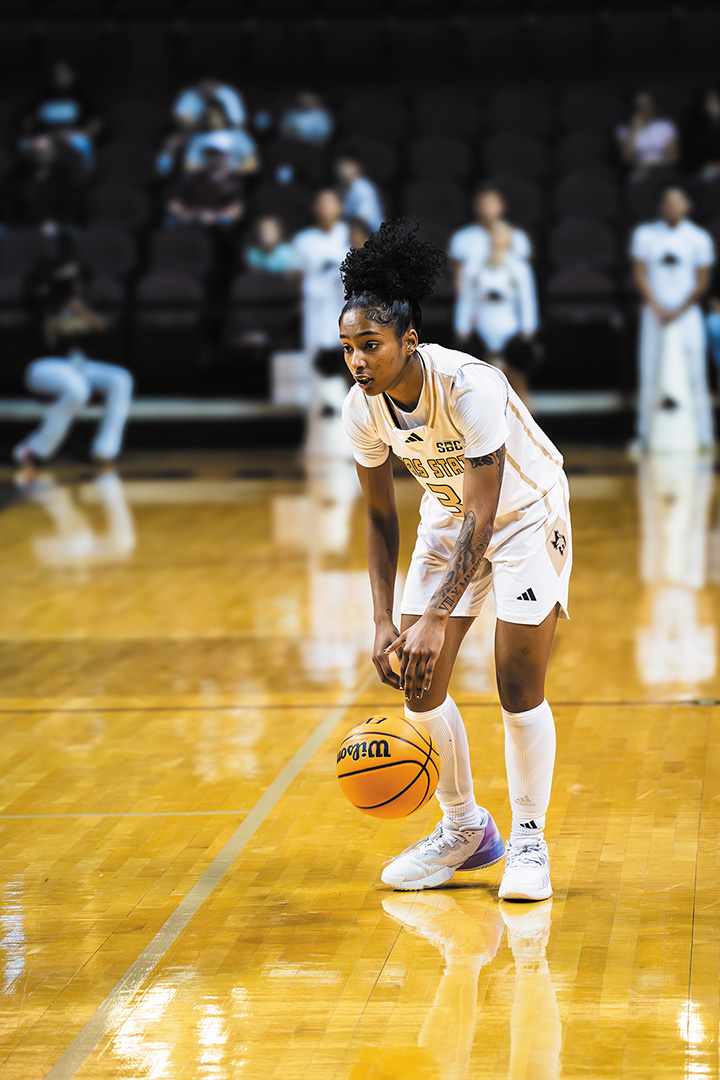 Texas State senior guard Crystal Smith (3) dribbles up the court during the game against UTSA, Saturday, Dec. 21, 2024 at Strahan Arena.