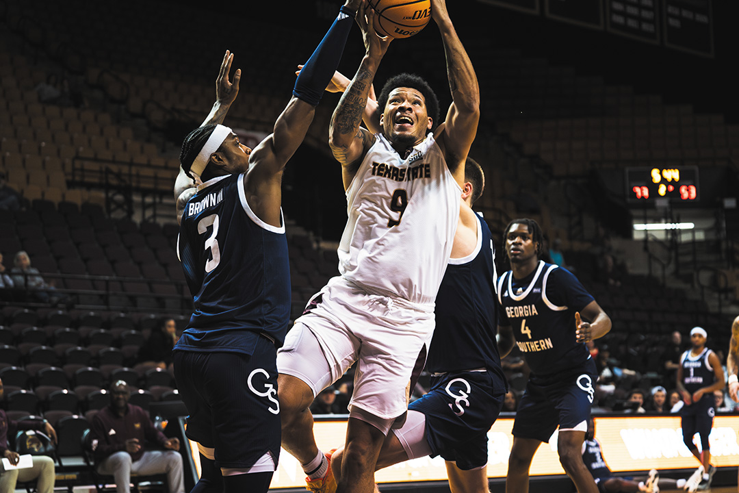 Texas State forward senior Tylan Pope (9) beats defender to the basket against Georgia Southern, Saturday, Dec. 21, 2024 at Strahan Arena.