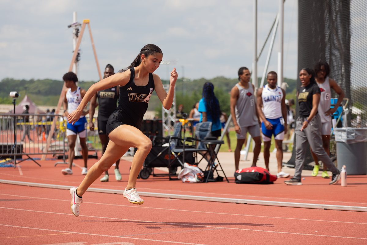 Texas State freshman Mariela Gonzales sprints in the 400m during the Charles Austin Classic, Saturday, March 23, 2024, at the Texas State Track and Field Complex.