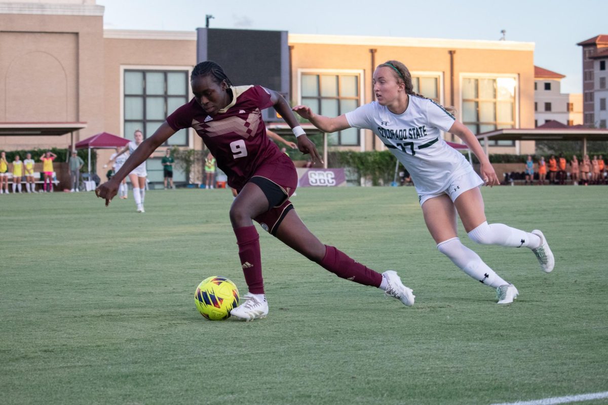 Texas State forward junior Mady Soumare (9) escapes her defender during the game against Colorado State, Thursday, Aug. 29, 2024 at Bobcat Soccer Complex.