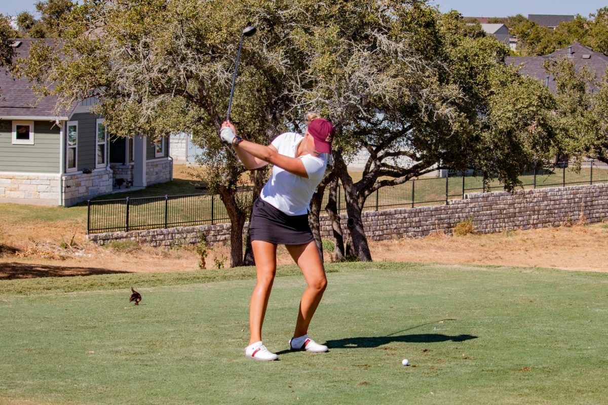 Texas State freshman women's golfer Ella Salama drives the ball at hole 18 at the Kissing Tree Golf Club in San Marcos during the Jim West Challenge. Sunday, Oct. 20, 2024.