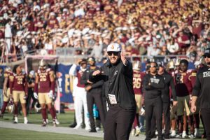 Texas State football head coach G.J. Kinne directs the team as they face North Texas at the Servpro First Responder Bowl. Friday, Jan. 3, 2025 at Gerald J. Ford Stadium.