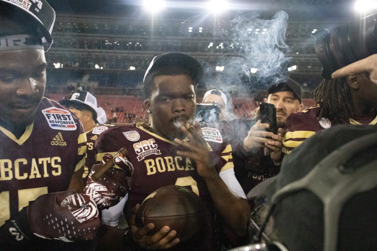 Texas State senior quarterback Jordan McCloud (3) celebrates winning the SERVPRO First Responder Bowl against North Texas, Friday, Jan. 3, 2025 at Gerald J. Ford Stadium.