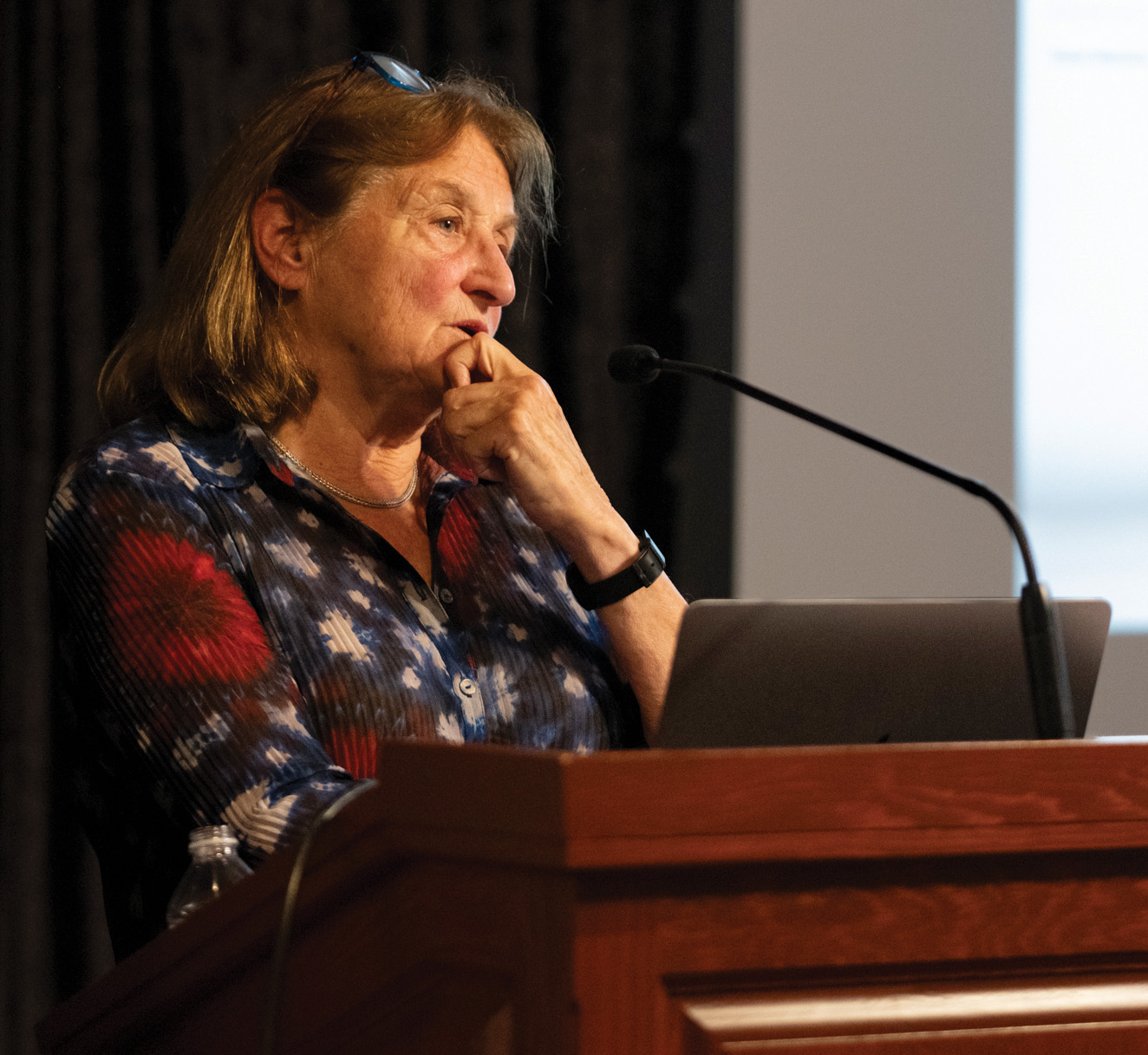 Susan Meiselas considers a question posed by a student during the post-lecture Q&A, Tuesday, Oct. 8, 2024, at the Wittliff Collections.