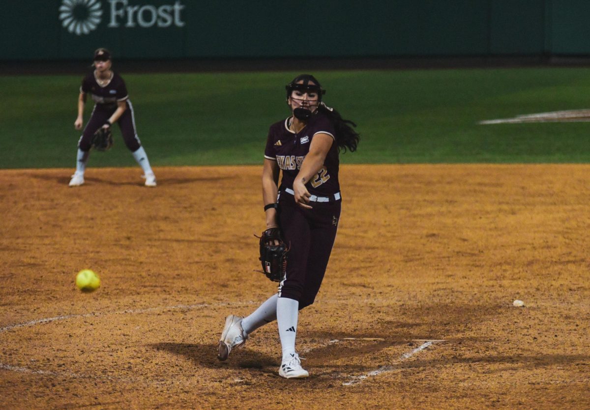 Texas State sophomore pitcher Maddy Azua (22) pitches against New Mexico on Saturday, Feb. 15, 2025, at Bobcat Ballpark.