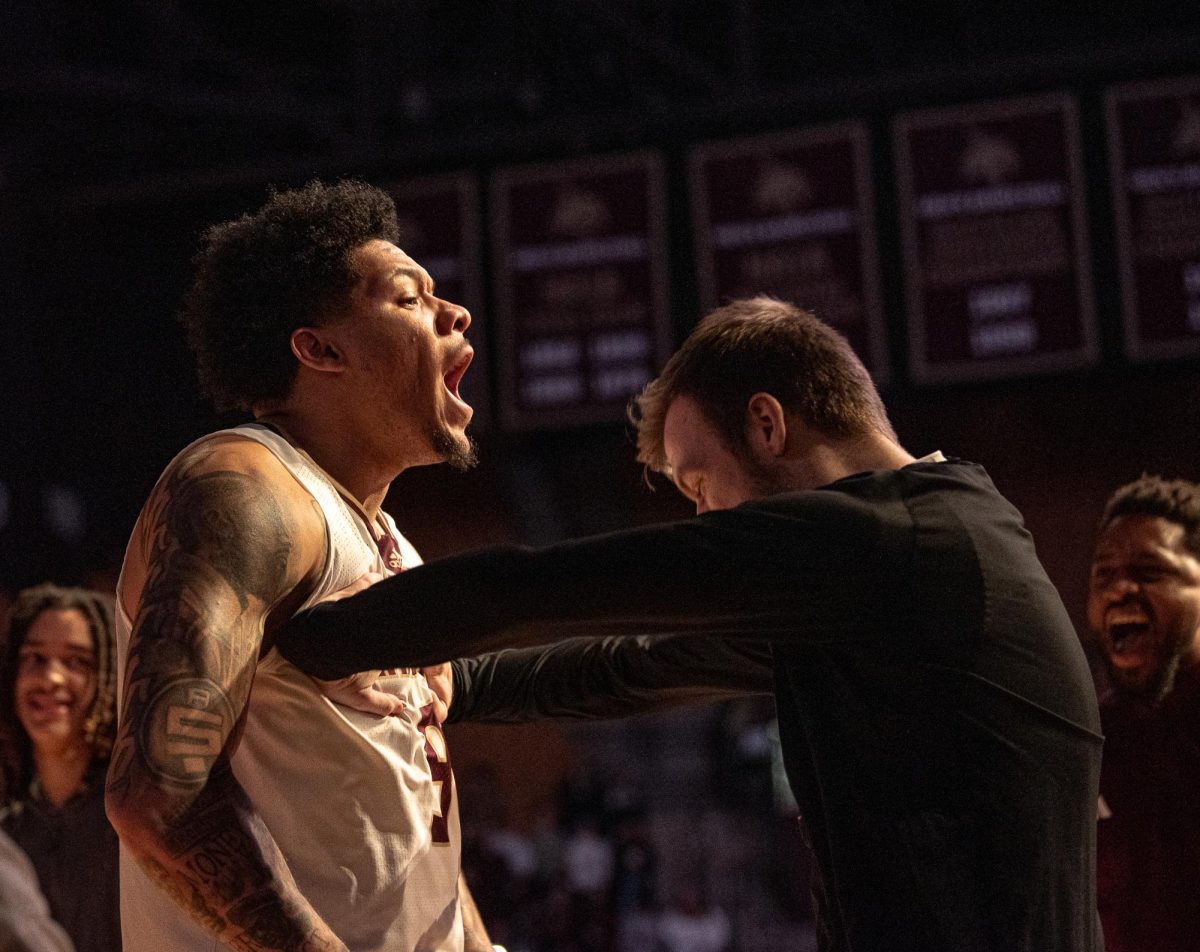 Texas State senior forward Tylan Pope (9) gets hyped up with junior guard Coleton Benson (22) before the start of the game against ULM, Wednesday, Feb. 19, 2025. The Bobcats won against the Warhawks 80-63.