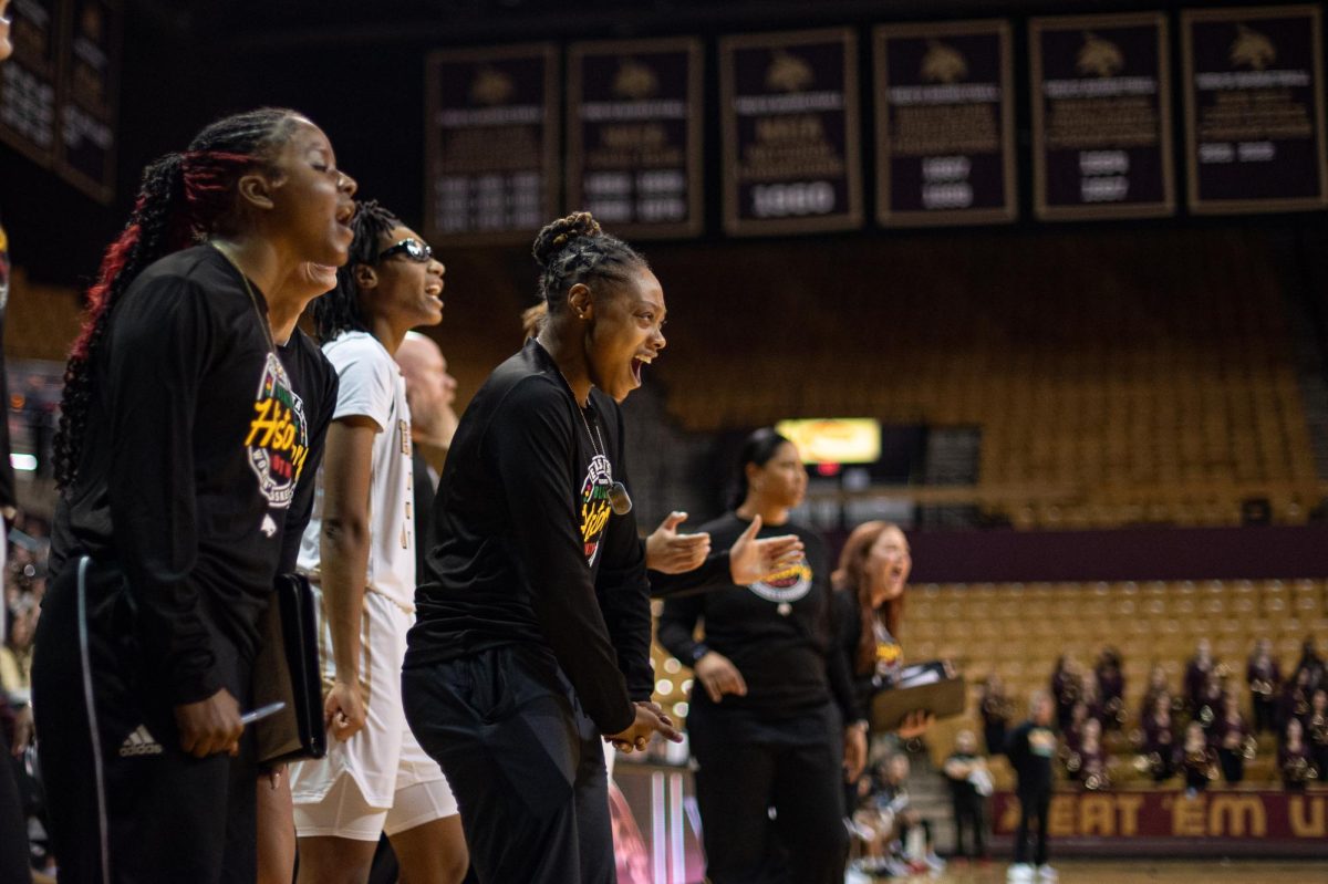 Texas State women's basketball players show support from the bench at the game against the Ragin' Cajuns on Feb 19, 2025.