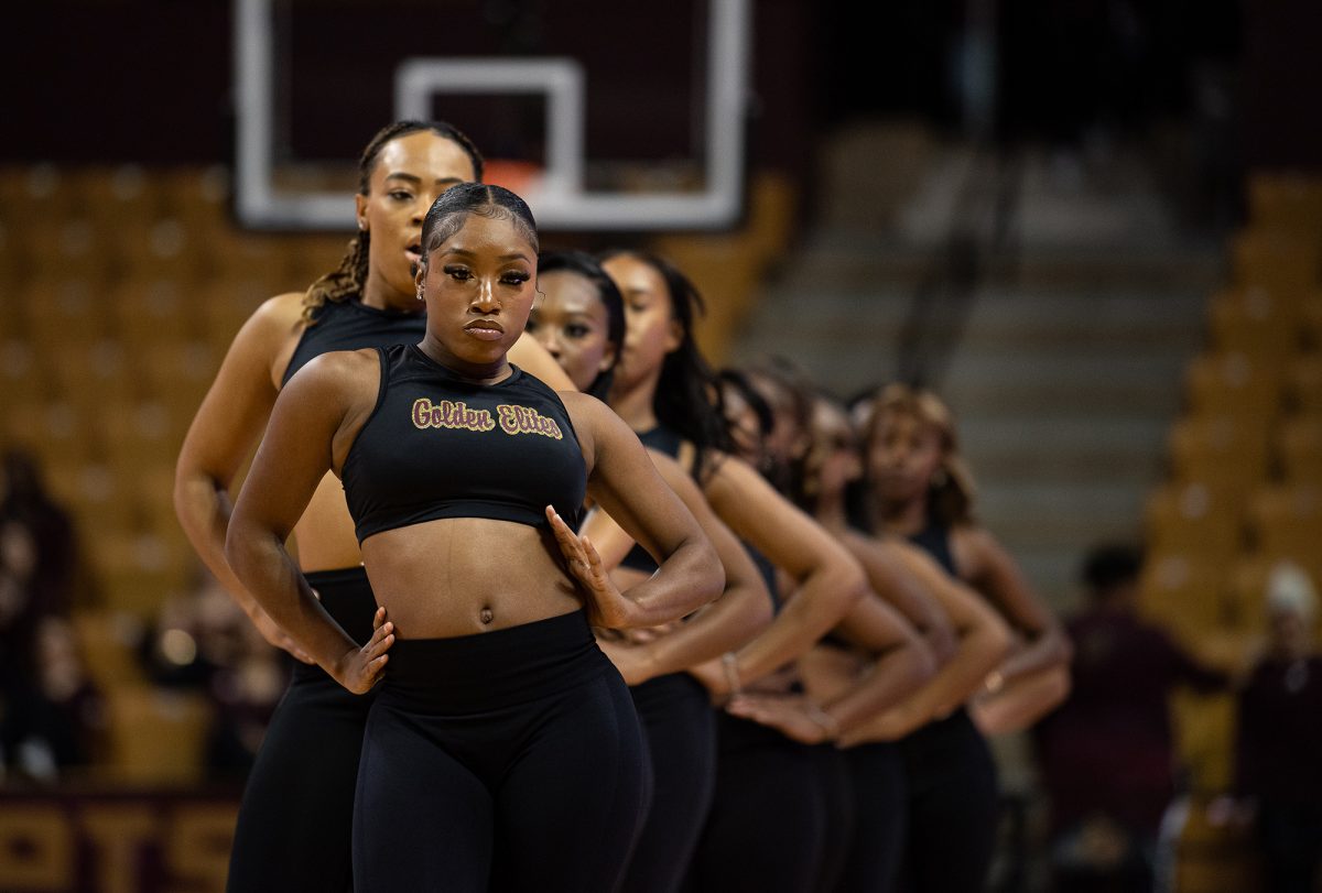 The Golden Elites perform at the Texas State women’s basketball game against the Ragin’ Cajuns, as a part of Texas State’s Black History Month Celebration, Wednesday, Feb 19, 2025, at Strahan Arena. The Golden Elites are the first Black Majorette Dance Organization at Texas State. 