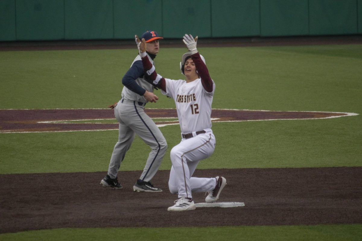 Texas State freshman left fielder Zachary Gingrich (12) celebrates hitting a double during the game against Illinois, Saturday, Feb. 22, 2025 at Bobcat Ballpark. University of Illinois beat Texas State 15-3.