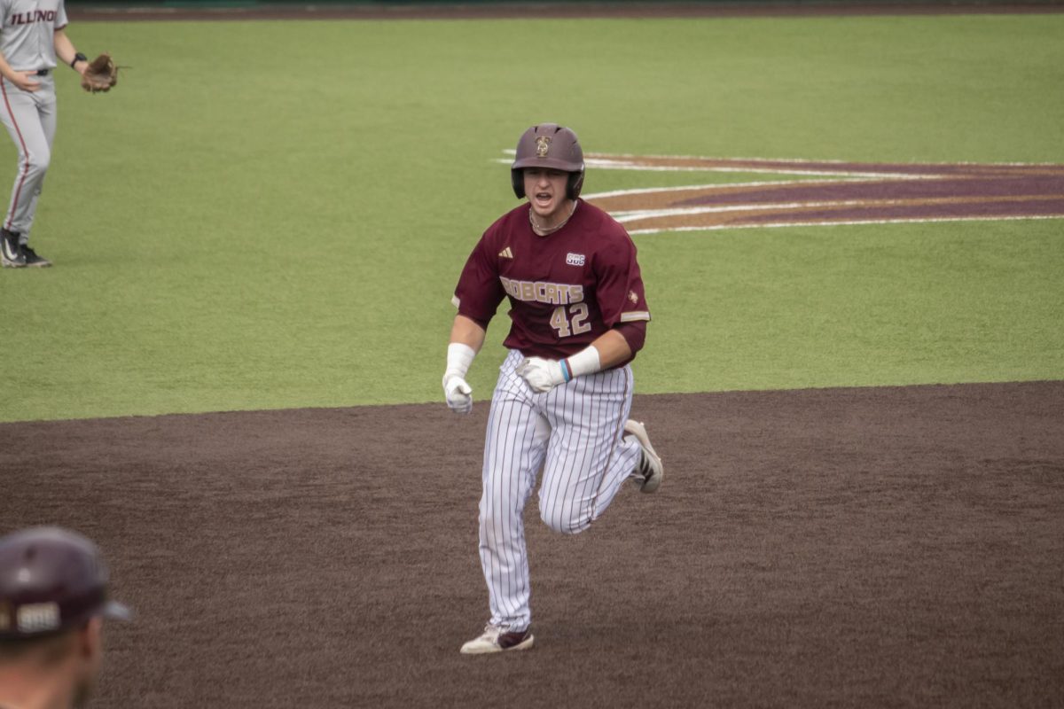 Texas State senior catcher Austin Munguia (42) celebrates hitting a home run against the University of Illinois, Sunday, Feb. 23, 2025 at Bobcat Ballpark. Bobcats beat Illinois 5-2.