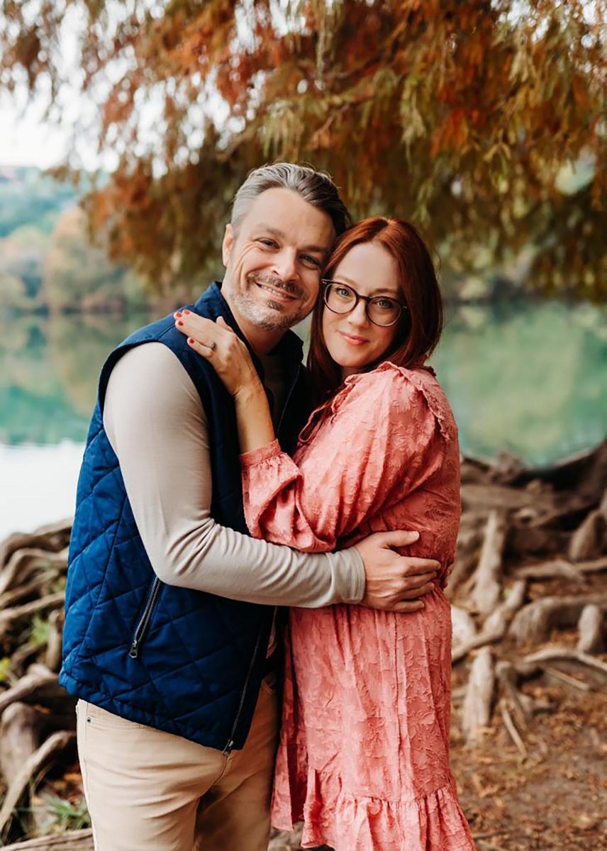 Public relations alumnus Jonathan Jones (Left) and advertising alumna Amy Jones (Right) post for their annual family photoshoot, Friday, Nov. 11, 2022, in Austin. Photo courtesy of Jessica Rockowitz.