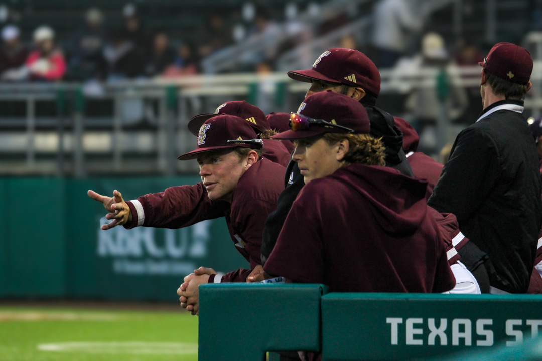 Members of the Texas State Baseball team look on at the game against Binghamton, Friday, Feb. 14, 2025, at Bobcat Ballpark.