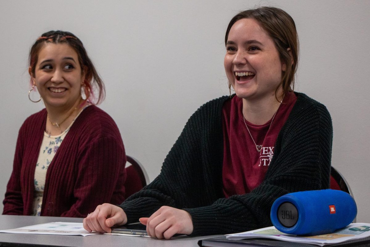 PAWS for POTS faculty advisor Amber Cantu (Left) and PAWS for POTS President Ravyn Benfield (Right) welcome members to the inaugural club meeting, Thursday, Jan. 30, 2025, in the LBJ Student Center.